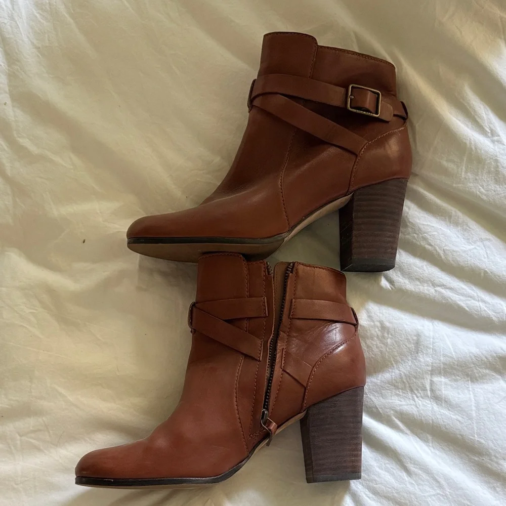 Cole Haan Chestnut Brown Leather Ankle Booties with Buckle Strap - Picture 3 of 4